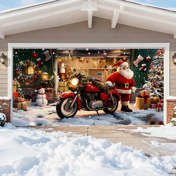 Garage Door Christmas Decorations Outdoor Large Santa Claus Motorcycle Christmas Garage Door Cover 7X16Ft Rustic Farmhouse Winter Garage Buddy Christmas for Wall Patio Yard Outside