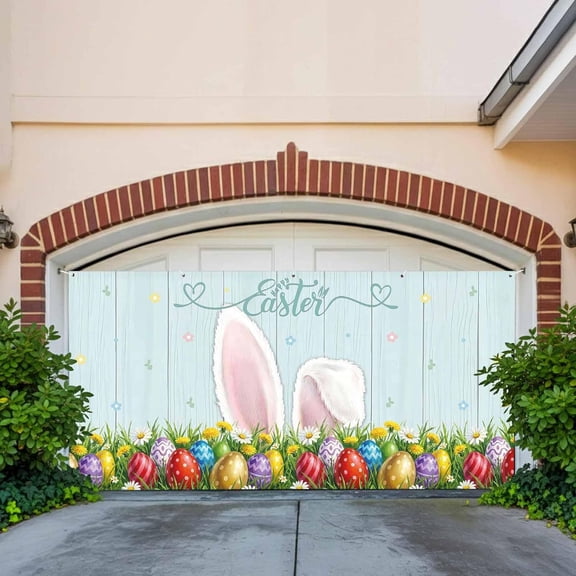 Garage Door Cover Banner 6x13 Ft, Easter Garage Door Decorations for Christmas/Thanksgiving, Wooden Bunny Colorful Eggs Spring Floral Farmhouse Large Hanging Backdrop Covers for Outdoor Holiday