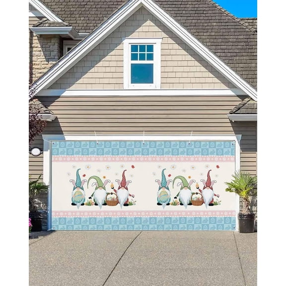 Garage Door Cover Banner 6x13 Ft, Happy Easter Garage Door Decorations for Christmas/Thanksgiving, Cute Gnomes Eggs Blue Bunny Floral Pink Border Large Hanging Backdrop Covers for Outdoor Holiday
