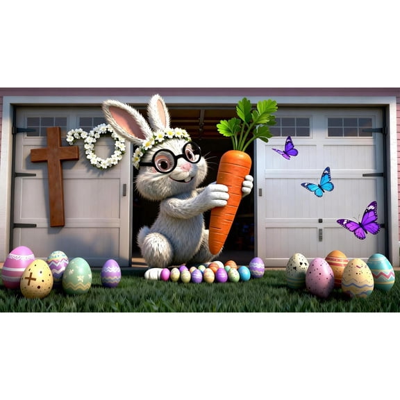 Garage Door Easter Banner 16x7 ft, Bunny Rabbit & Egg Spring Flower Cover Decoration, Large Outdoor Indoor Hanging Background for Party Supplies & Welcome Decor