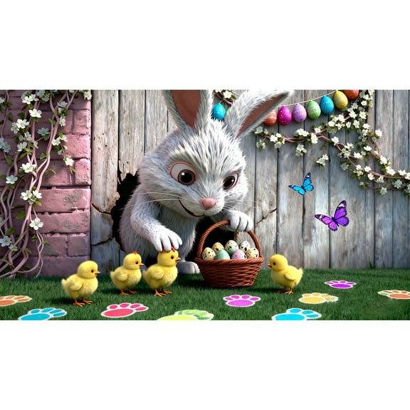 Garage Door Easter Banner 16x7 ft, Bunny Rabbit & Egg Spring Flower Cover Decoration, Large Outdoor Indoor Hanging Background for Party Supplies & Welcome Decor