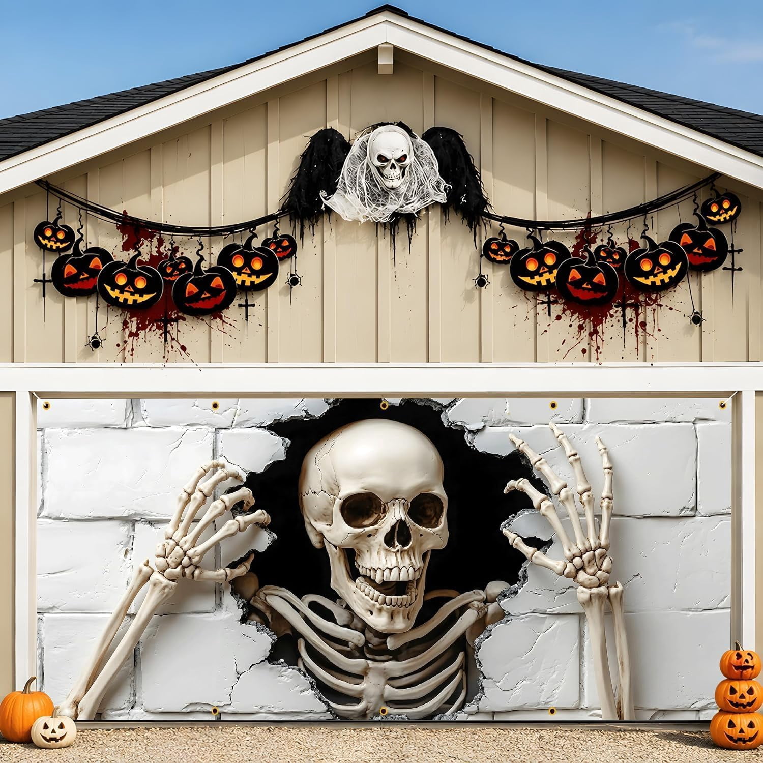 Garage Door Halloween Cover, 16x7 Ft Skeleton Garage Banner, 3D