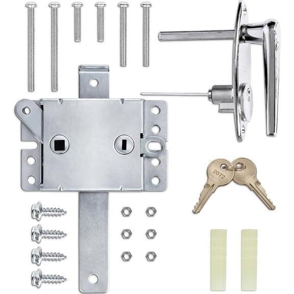 Garage Door Lock Kit, Keyed L-Handle with Inside Slide Lock Latch Mechanism, Complete Replacement Set with 2 Keys, Mounting Hardware Included, Fit to 1"2 3/8" Thick Doors (Manual Operation)