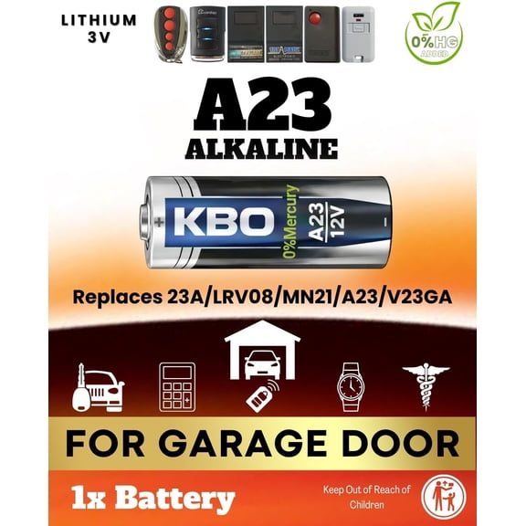 Garage Door Opener Battery - Single A23 Alkaline - 12V High-Stability Garage Door Opener Power Replacement for Major Remotes, Keypads, Sensors