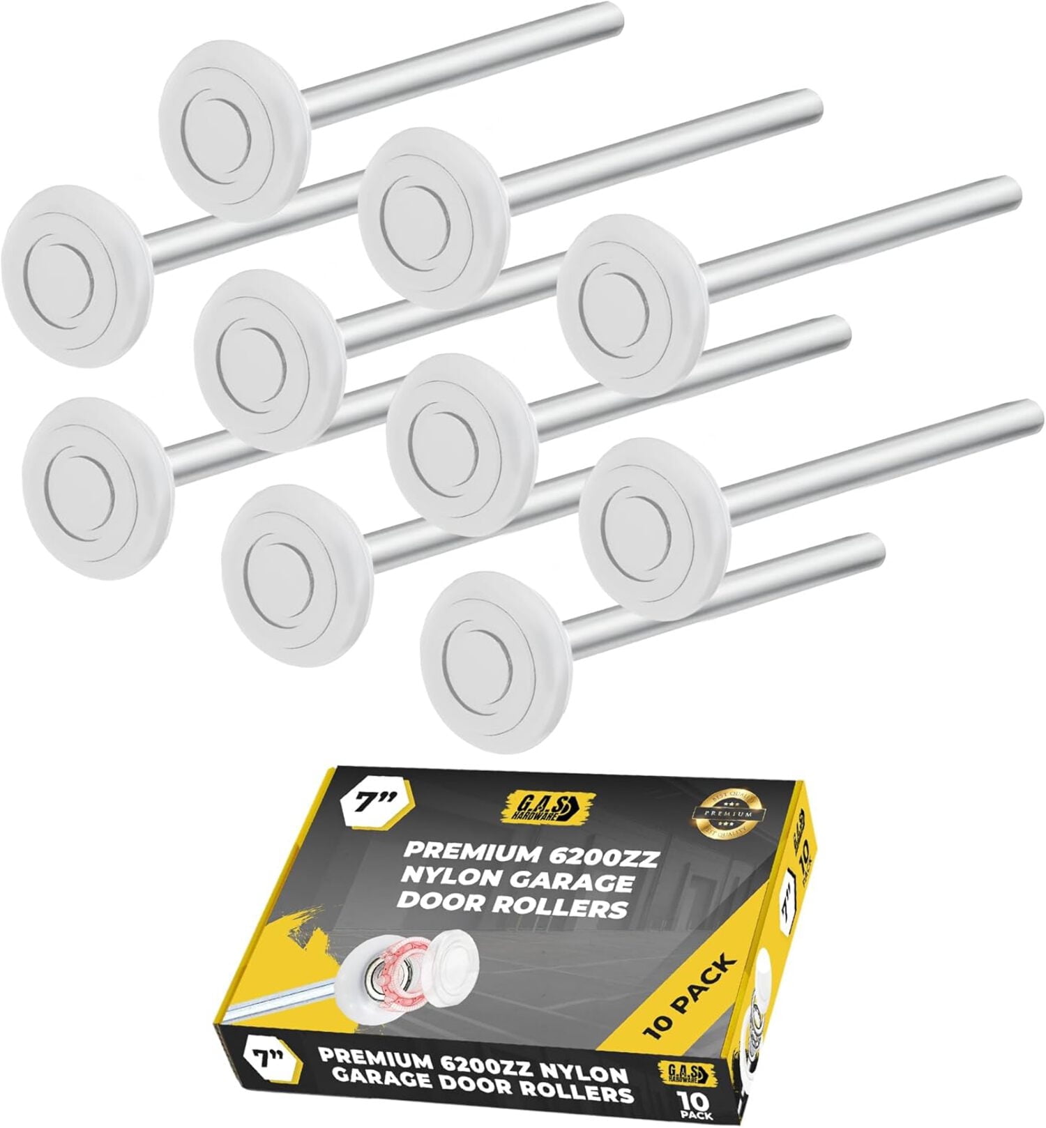 Garage Door Roller, 6200ZZ Sealed Bearing Extra Quite Nylon Roller, 7" Stem, Pack of 10