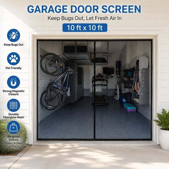 Garage Door Screen for 1 or 2 Car Garage, Heavy Duty Magnetic Closure, Weighted Bottom, Durable Fiberglass Mesh, Keeps Pests Out (Black, 10 ft x 10 ft)