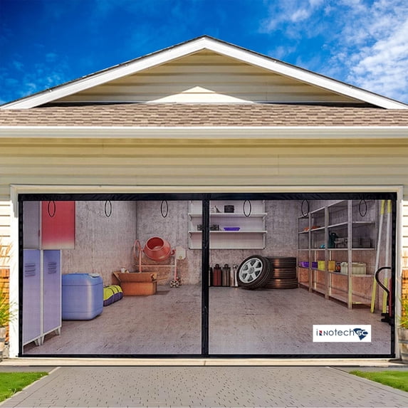 Garage Door Screen, 18x7 ft Magnetic Closure Heavy Duty Weighted Bottom for 2 Car Garage, Fiberglass Mesh door with 4 Strapping Tape Anti Annoying Animal Out