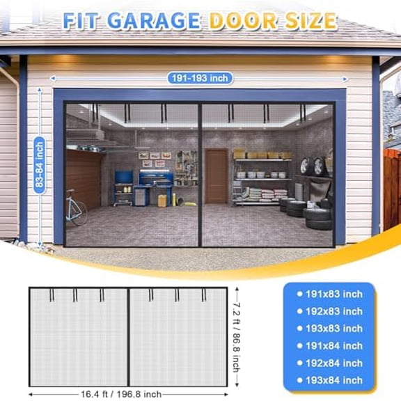 Garage Door Screen for 2 Car 16x7FT, Magnetic Closure Heavy Duty Garage Screen Doors Hands Free with 6 Roll Up Starps for Patio, Retractable Fiberglass Screen Door Mesh Curtain Cover Kit