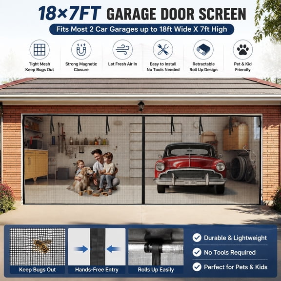 Garage Door Screen for 2 Car Garage, 18x7 Ft Magnetic Closure Heavy Duty Retractable Screen Door, Weighted Bottom Fiberglass Mesh, Hands-Free Easy Install