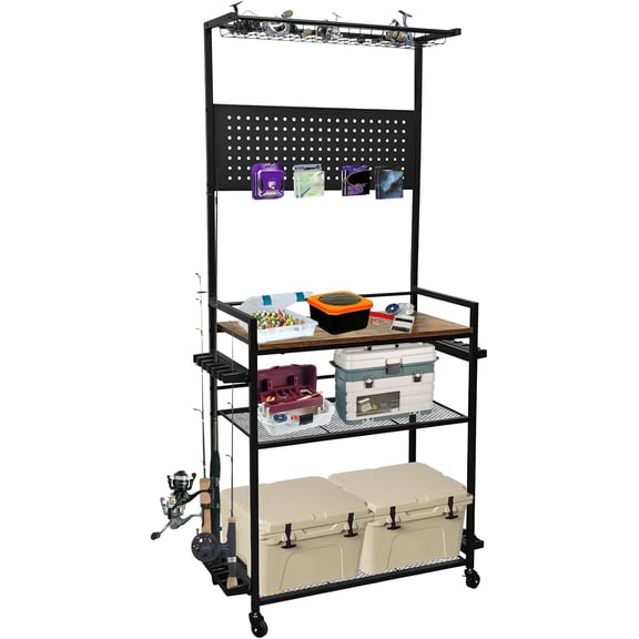 Garage Fishing Rod Storage Rack - 3 Tier Holder for 12 Rods - Pegboard Organizer with Hooks and Reel Storage Shelf