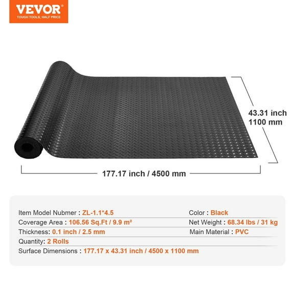 Garage Floor Mats 2-Pack, 14.7x3.6 Ft Black PVC Car Mats, 2.5mm Thick Waterproof Garage Flooring for Vehicle Protection