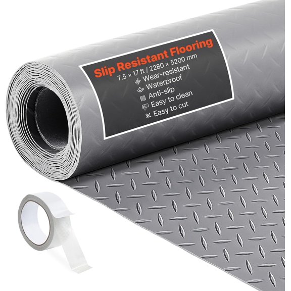 Garage Floor Roll, 7.5 x 17 ft Garage Flooring Mat, 2.2 mm Thickened PVC Diamond Plate Floor Protector Mat with Double-Sided Tape, Non-Slip, Easy to Clean for Warehouse, Gyms,Silver Gray
