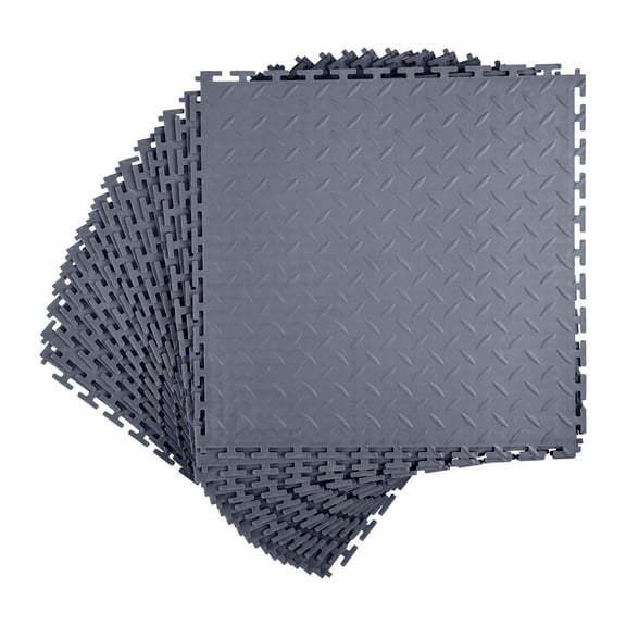 Garage Floor Tiles Interlocking, 16 Pack 20.2 x 20.2 x 0.2 in Interlocking Modular Garage Flooring Tiles, Diamond Plate Slip-Resistant PVC Mats for Workshop,Warehouse,Tool Room, Graphite Gray