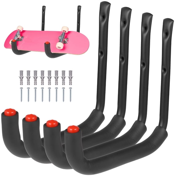 4 PCS Garage Storage Ladder Hooks, 9.8 in Wall Mount Utility Hooks, Heavy Duty Carbon Steel Storage Hangers with EVA Padding, Garage Wall J Hooks for Ladders Bikes Tools Holds up to 100 lbs