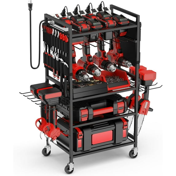 Garage Large Power Tool Organizer Cart with 20A Charing Station, Heavy Duty Drill and Tools Battery Holder Storage Rack, Floor Standing Rolling Tool Cart on Wheels, Black