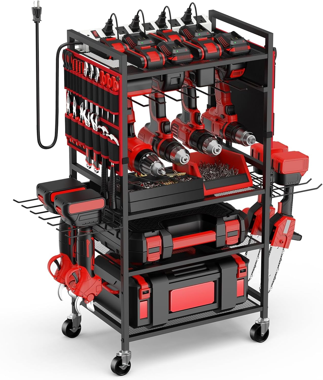 Garage Large Power Tool Organizer Cart with 20A Power Strip, Heavy Duty ...