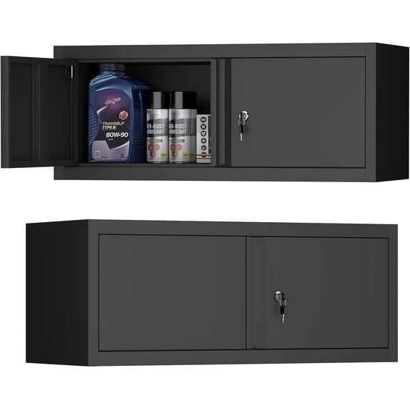 Garage Locking Cabinet, 13” H Garage Storage Cabinet Wall Mounted, Floating Storage Organization for RV, Hanging Tool Storage Cabinets for School, Office, Warehouse, Black