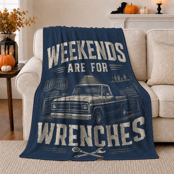 Garage Mechanic Weekend Wrenches Retro Pickup Truck Sketch, Cozy Typography Art Scene, Warm Flannel Blanket for Living Room and Reading Nook, Art Lovers Father's Day Gift, Artistic Home Decor