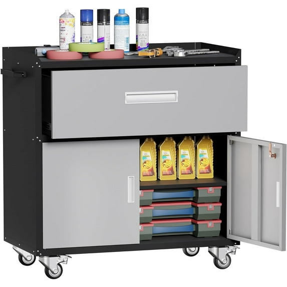 Garage Metal Storage Cabinet for Garage with Adjustable Shelves Wheels, Rolling Tool Chest, Assembly Required, Warehouse, Basement, Tool Room (Gray), Grey