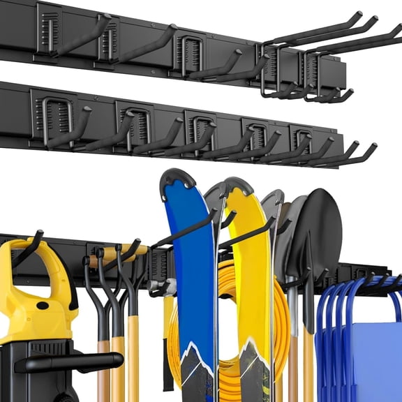 Garage Organization Wall Mount Garden Tool Organizer, 620lbs Adjustable Metal Hooks, Yard Shed Rail Rack, Lawn Tool Holder for Hanging Rake Broom Mop Snowboard, Home Gift