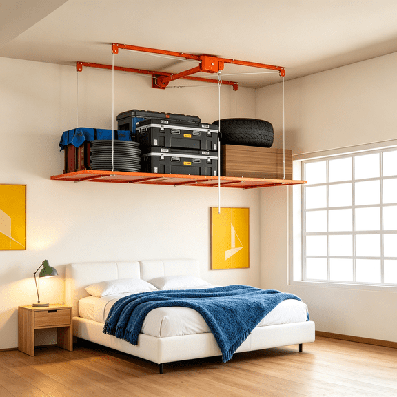Garage Overhead Storage Solution 3x6 FT, Heavy Duty Steel Ceiling Rack with 370 LBS Capacity, Orange Lift Storage Organizer with Safety Lock for High Ceiling Home Garages