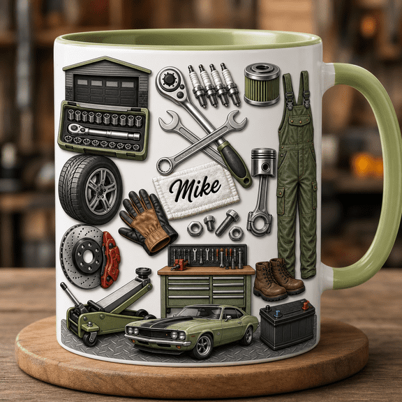 Garage Owner Mug Personalized Accent Mug, Auto Shop Gift for Mechanic or Car Lover 2D flat not 3D, Accent Mug, Father Days Gift, Gif For Dad, Mug For Daddy