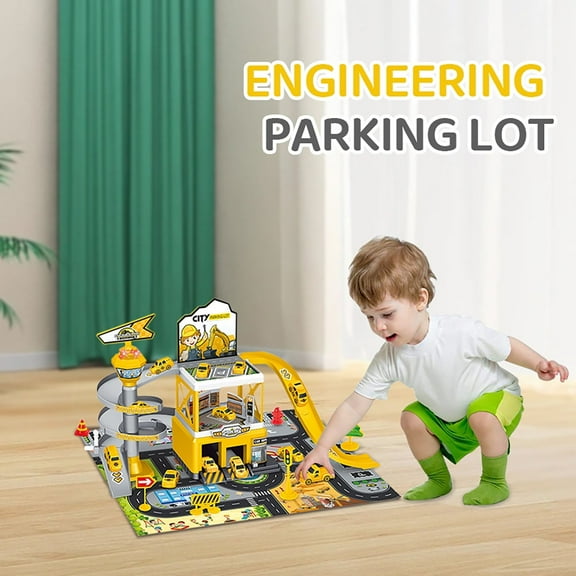 Garage Playset Parking Garage for Toy Car Ramp with Lights & Road Signs, Wheel Track for Kids Age 3+ Birthday Gifts(Yellow)