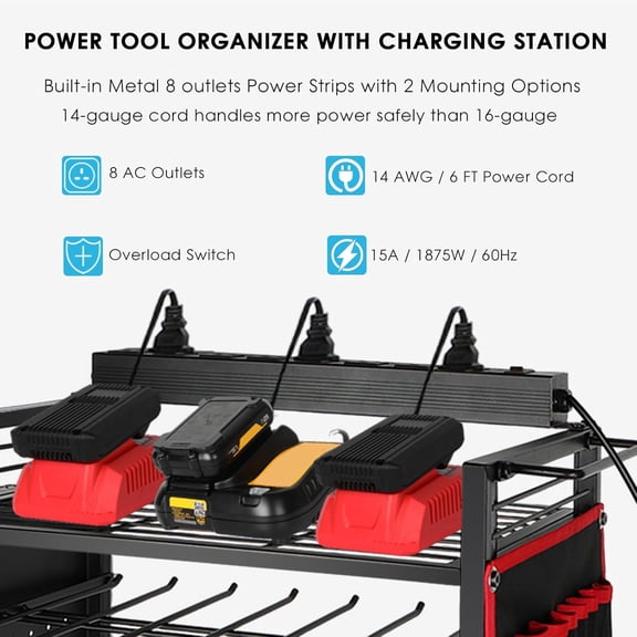 Garage Power Tool Organizer Cart with Charging Station, Floor Stand Rolling Drill Holder and Tool Battery Storage Cart on Wheels, 3-Layer Utility Rack Shelf with 8 Outlet Power Strip, Black