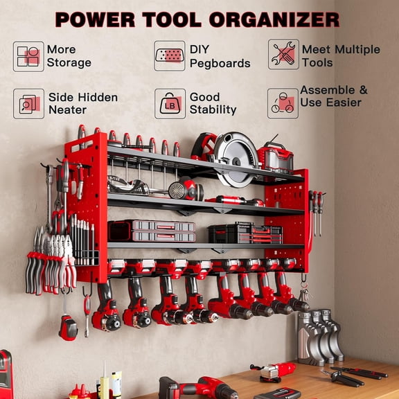 Garage Power Tool Organizer Wall Mount – 4-Layer Cordless Drill Storage Rack with 8 Drill Holders, Large Capacity Heavy Duty Tool Organizer, Red