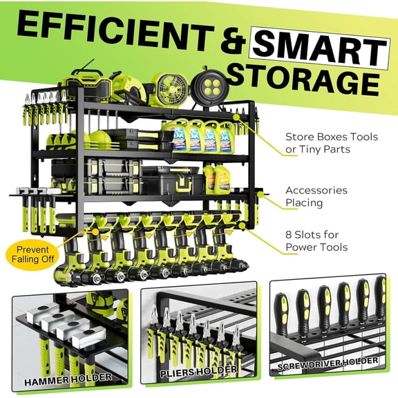 Garage Power Tool Organizer Wall Mount – Heavy Duty 4-Tier Metal Storage Rack with 8 Drill Slots & Screwdriver Holder, Cordless Tool Organizer, Perfect Gift for Men Who Have Everything