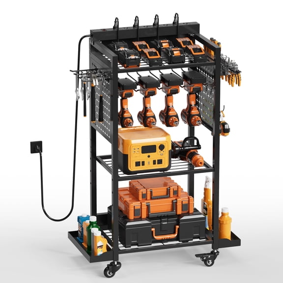 Garage Power Tools Organizer Cart with Charging Station, Black Floor Standing Rolling Drill and Tools Battery Storage Cart on Wheel for Men, Husband, Father