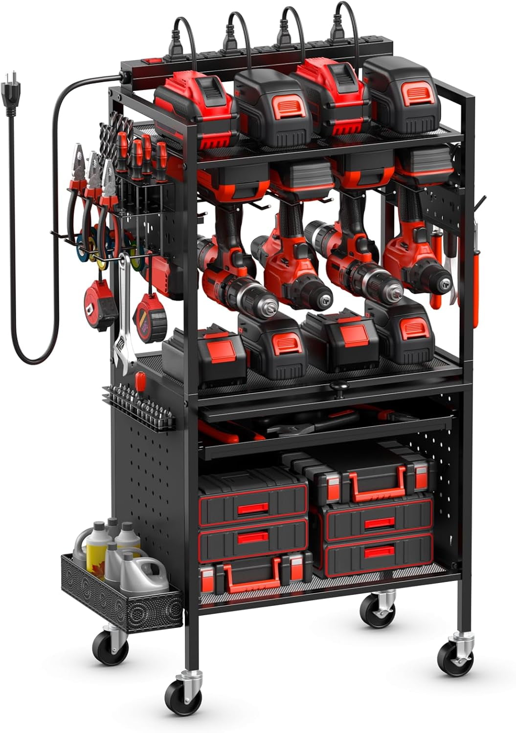 Garage Power Tools Organizer Cart with Charging Station, Floor Standing