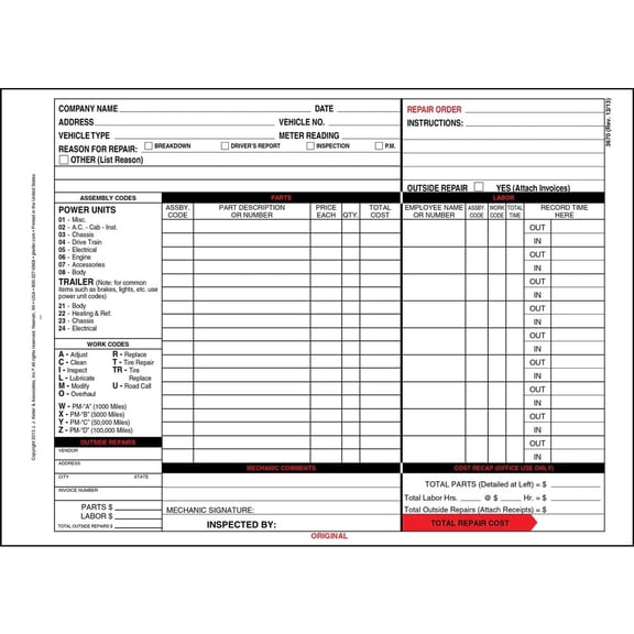 Garage Repair Order Forms with Work Codes, 8.5 x 11.75, 3 Part, Carbonless, 50 Pack