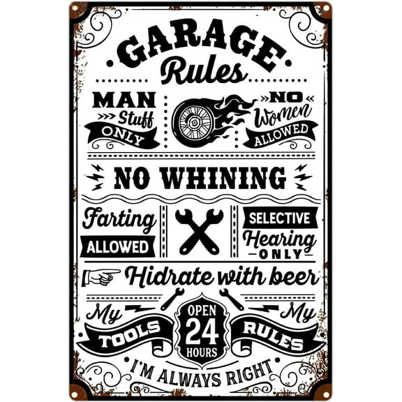 Garage Rules Sign Retro Metal Tin Signs Man Stuff Only Funny Garage Sign for Man Cave Decor Garage Accessories 8x12 Inches