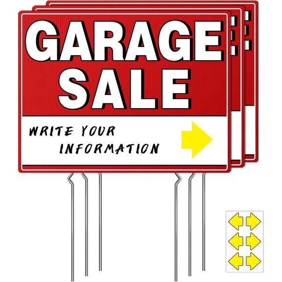 Garage Sale Signs with Stakes, 17" x 13" Double-Sided Yard Sale Sign with Arrow Stickers, Weather-Proof (3 Pack)