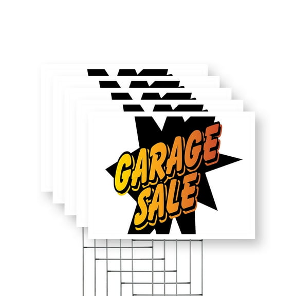 Garage Sale Yard Sign 5 Pack of 12 Inch x 16 Inch Single Sided Weatherproof Heavy-Duty Plastic with Stake | Local Bargains, Neighborhood Events, Bold Signage | Made in USA