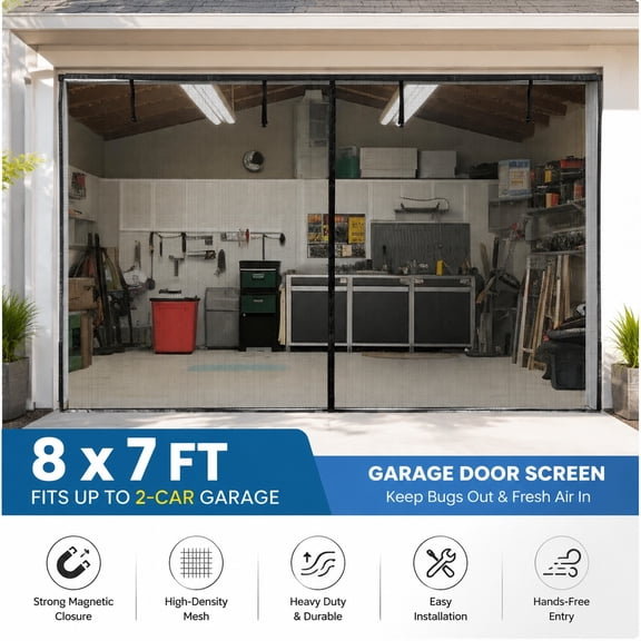 Garage Screen Door 8x7 Ft, Heavy Duty Magnetic Closure, Retractable Roll Up Screen for 1 Car Garage, Easy Install, Bug Resistant, Ventilated Patio Door Screen