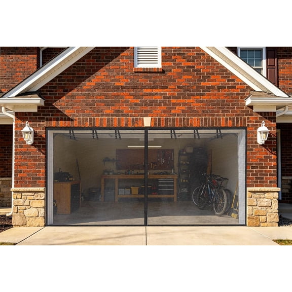 Garage Screen Doors, 97FT for 1 Car Garage, Heavy Duty Durable Fiberglass Magnetic Retractable Hands Free Garage Door Screen with 4 Roll Up Straps, for Patio, Workshop, Home Gym & Sun Room