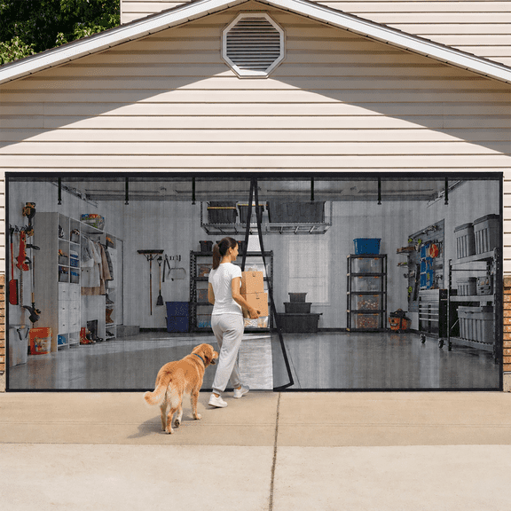 Garage Door Screen, Foldable Mesh Curtain with Magnetic Closure for Mosquito, Insect, and Sun Protection, Self Sealing Mesh Garage Screen for Patio Outdoor Gym Crafts Sun House Porch, Fiberglass