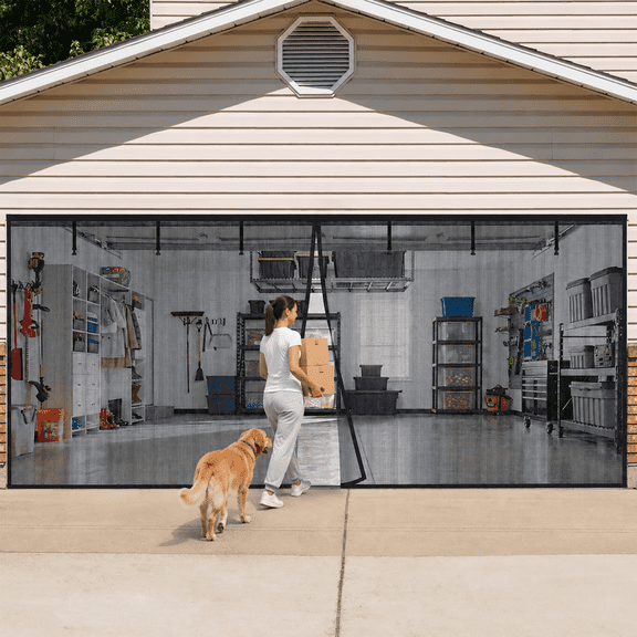 Garage Door Screen, Foldable Mesh Curtain with Magnetic Closure for Mosquito, Insect, and Sun Protection, Self Sealing Mesh Garage Screen for Patio Outdoor Gym Crafts Sun House Porch, Fiberglass