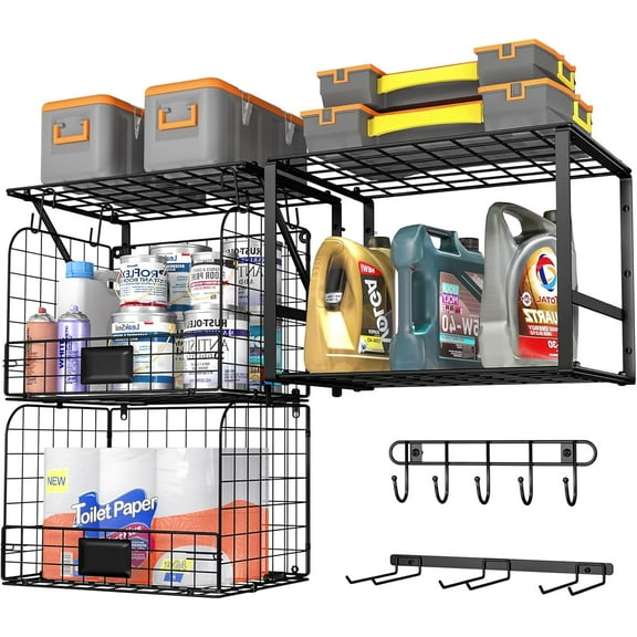 Garage Shelf Wall Mounted with Wire baskets, Heavy Duty Garage Wall Shelving with Garden Tool Rack and Hooks, Wire Shelf Baskets Tool Organizer for Home Garden Yard Organization and Storage