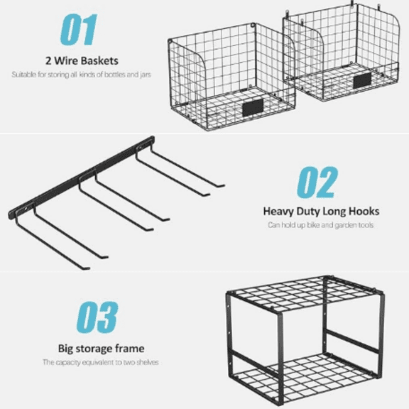 Garage Shelf Wall Mounted with Wire baskets, Heavy Duty Garage Wall Shelving with Garden Tool Rack and Hooks, Wire Shelf Baskets Tool Organizer for Home Garden Yard Organization and Storage