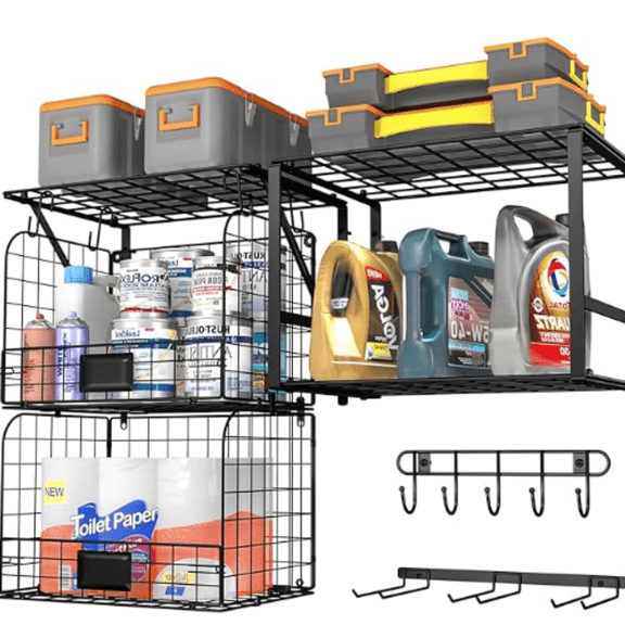 Garage Shelf Wall Mounted with Wire baskets, Heavy Duty Garage Wall Shelving with Garden Tool Rack and Hooks, Wire Shelf Baskets Tool Organizer for Home Garden Yard Organization and Storage