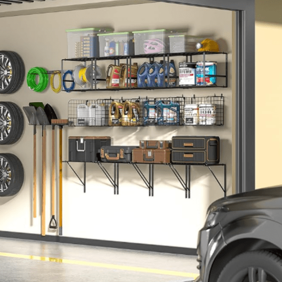 Garage Shelf Wall Mounted with Wire baskets, Heavy Duty Garage Wall Shelving with Garden Tool Rack and Hooks, Wire Shelf Baskets Tool Organizer for Home Garden Yard Organization and Storage