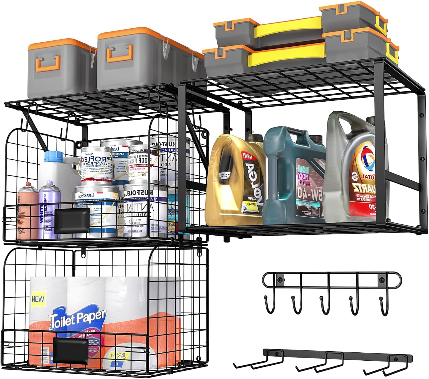 Garage Shelf Wall Mounted with Wire baskets, Heavy Duty Garage Wall