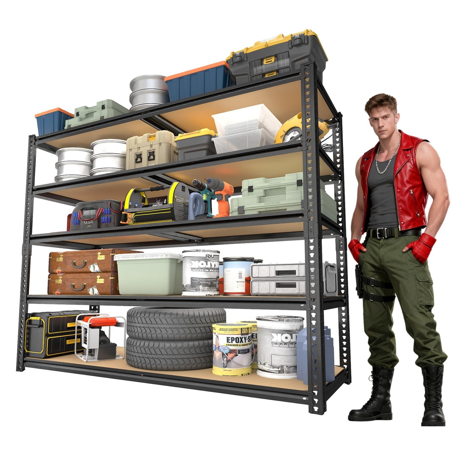 Garage Shelving 5 Tier Adjustable Storage Rack 2400 lbs Heavy Duty Metal Shelves for Garage Basement Warehouse Pantry 72” H x 40” W, Black