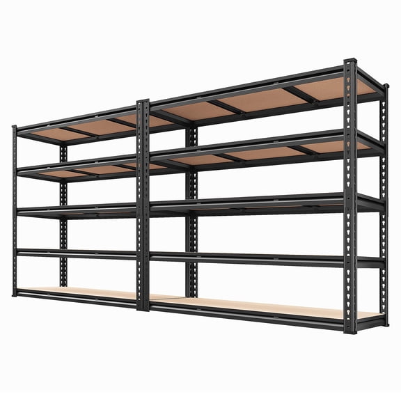 Garage Shelving, Heavy Duty Storage Rack, For Basement Workshop Warehouse Retail Backroom, Adjustable Height Rolled Edge Frame, Modern Industrial Style, Black, Two Piece Set