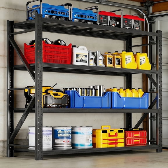 Garage Shelving Units,67" Wide Heavy Duty 4-Tier Metal Storage Shelf with Adjustable Shelves,3000lb Capacity Industrial Shelving for Garage Organization,Basement Storage,Workshop Warehouse