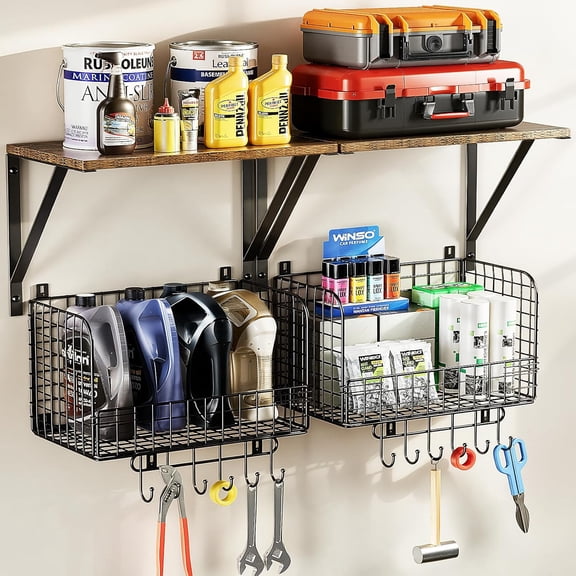 Garage Shelving Wall Mounted, Heavy-Duty Garage Wall Shelving with Baskets & Hooks Supports up to 154 LBS in Total, Tool Storage Organizer for Home, Garden, Kitchen, Laundry Room