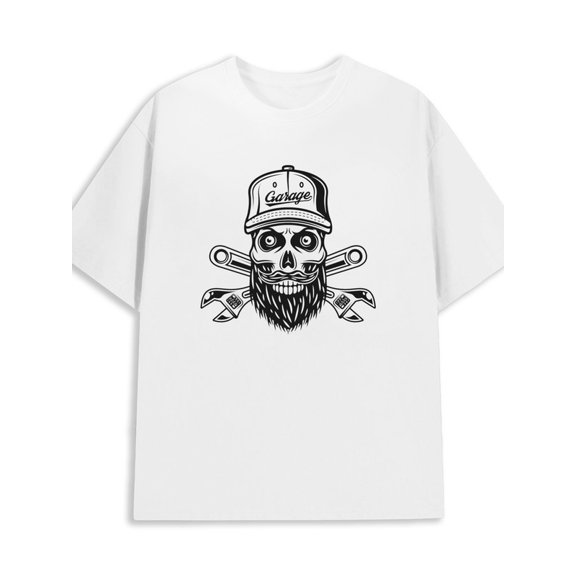 Garage Skull T-Shirt for men 180G 100% Cotton white Funny Unisex Shirt Graphic tshirts Trendy Unisex Shirt Crewneck tshirts Classic Unisex Shirt Short Sleeve tshirts